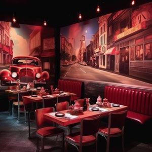 May include: A red diner booth with red cushioned seating and a red table with white placemats. The booth is in front of a mural depicting a city street scene with a red car and the text "Scotty's Bar & Grill".