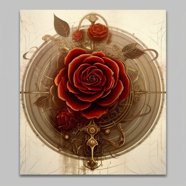 Red Rose on Antique Style Blueprint Background - A Timeless Fusion of Elegance and Nostalgia