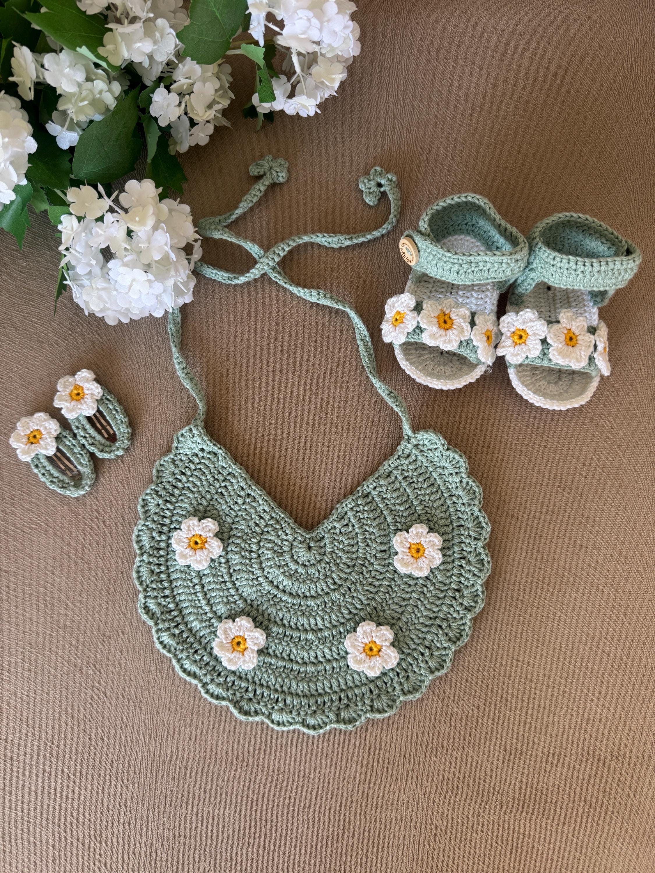 Crochet Baby Bib Set, Floral Cotton, Baby Shower Gift
