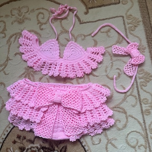 Pink Crochet Baby Bikini Top and Headband Set with Bow - Handmade Crochet Clothes for Girls - Infant Summer Set - Crochet Baby Girl Outfit