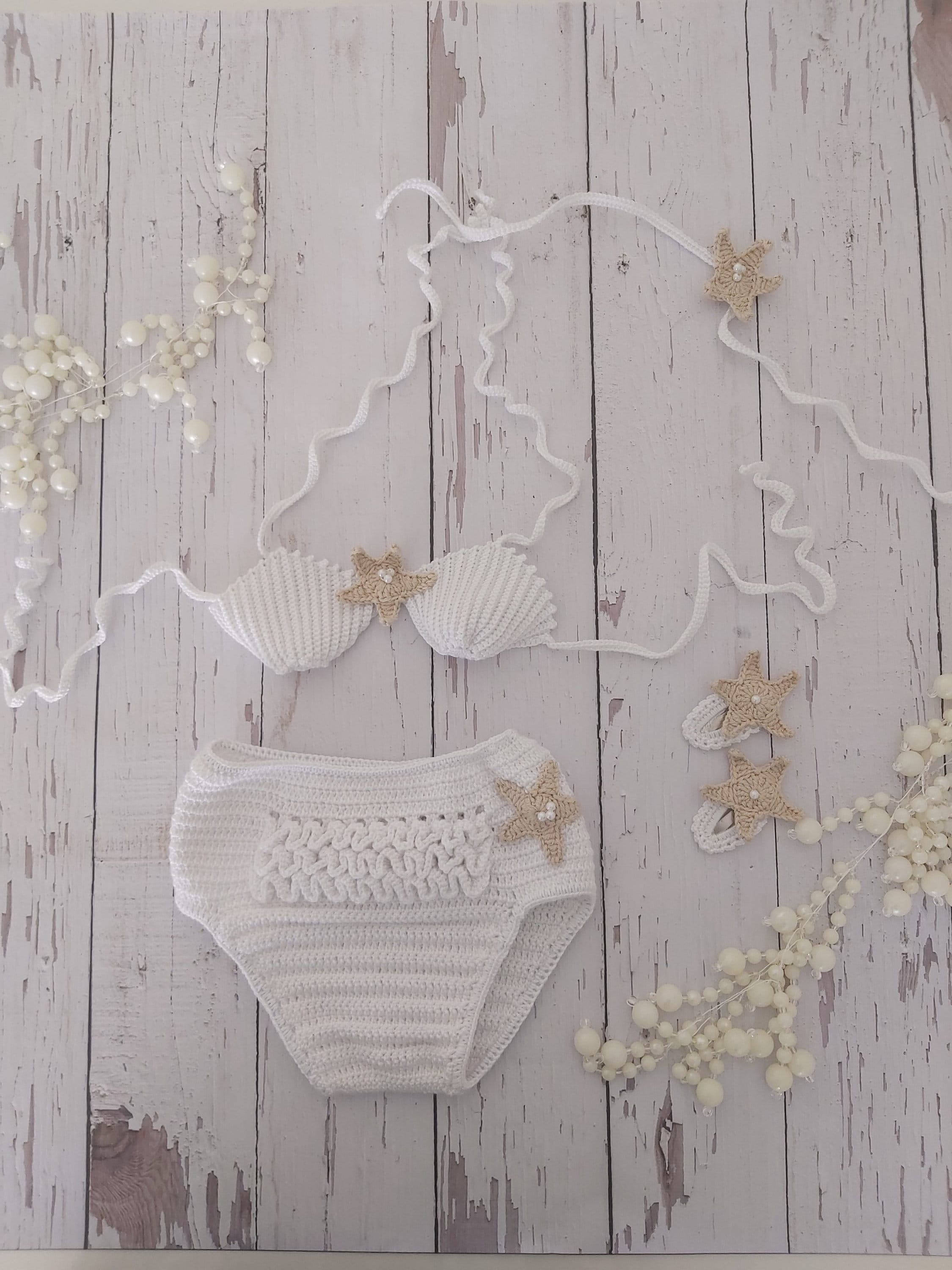 Weiße Perle gehäkelte Baby-Bikini, Mädchen 2-teilige handgemachte Badeanzug für Baby-Mädchen, Muschel-Bikini-Oberteil