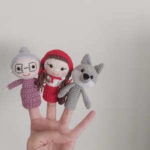 Crocheted Wolf and Little Red Riding Hood Finger Puppet, Fairy Tale Toys