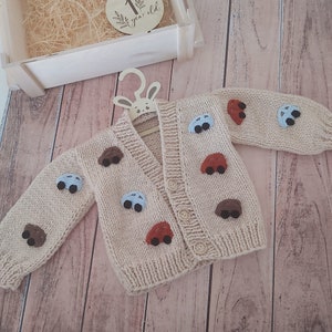 Handknitted  3D Car Embroidered Baby Boy Cardigan,Toddler Sweater for Boys, Knit Jacket for Boys