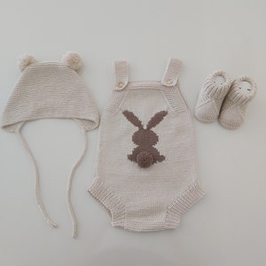 Welcome Baby in Style | Bunny Emroidered Knit Baby Romper,Hat and Booties | Custom Color 3 Piece Memorable Gift Set for Newborns Babyshower