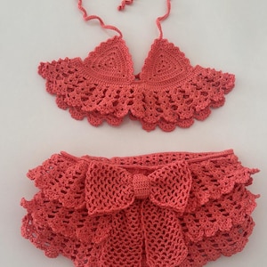 Handmade Baby Girl Crochet Bikini Set | Coral Pink Ruffle Summer Outfit with Bow | Crochet Top and Short Set for Girls | Baby Halter Tops
