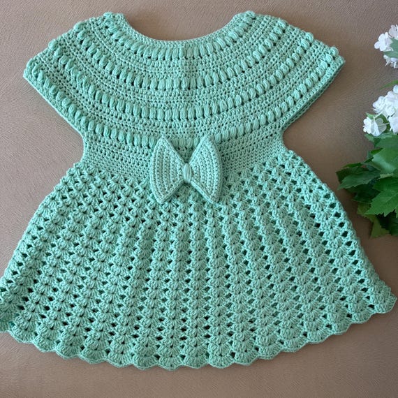 mint green crochet dress Toddler Girls Cotton Outfit:green Handmade Ruffle Baby With Bow USA3PLNOV