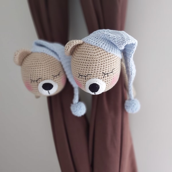 Crochet  Plushie Teddy Bear Curtain Tie Back Baby Room Nursery Holdbacks, Handmade Curtain Holder, Sleep Theme Babyroom Decoration