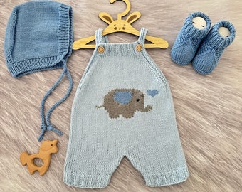 Conjunto de mameluco de punto de bebé elefante azul claro, lindos regalos hechos a mano para recién nacidos, bodys de animales para bebés