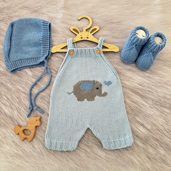 Light Blue Elephant Baby Knit Romper Set, Cute Handmade Gifts for Newborn, Animal Bodysuits for Infants