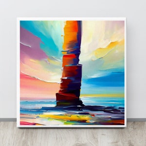 Colourful Seascape Print of the Old Man of Hoy in the Orkney Islands from original abstract acrylic painting. High quality Giclee Art Print.