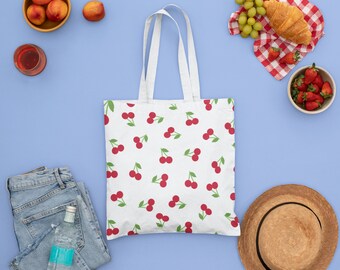 Cute White Tote Bag Cherry Print, Cherry Tote Bag, Tote Bag con stampa, stampa di frutta