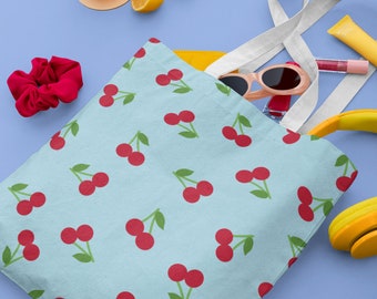 Cute Light Blue Tote Bag Cherry Print, Cherry Tote Bag, Tote Bag con stampa, stampa di frutta