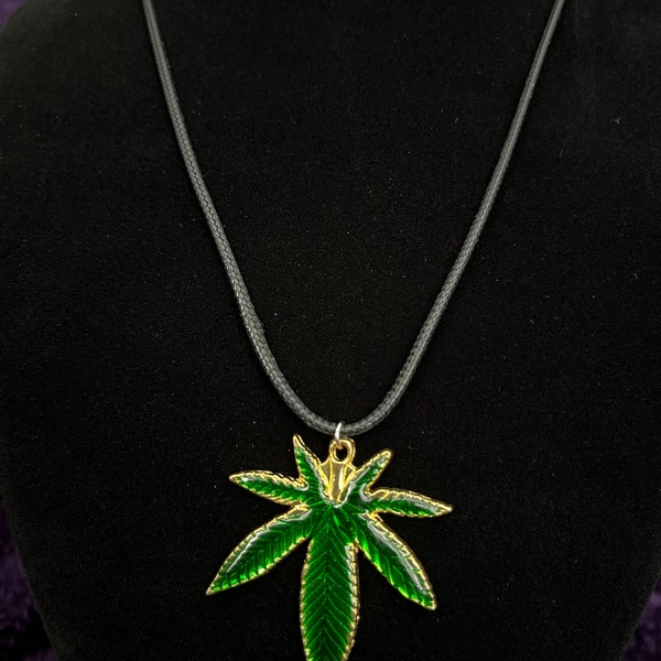 Green/Gold Pot Leaf Necklace (40mmX33mm charm set on 18” leather necklace)