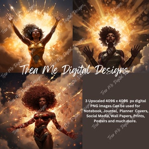 Imagens Digitais - Super-Heróis Femininos de Melanina 3D - Conjunto de 3 Imagens PNG