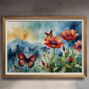 Skurrile Schmetterlings-Wand-Kunst | Gartenblumen Dekoration | Aquarell Malerei Blumen Kunstdruck | Natur-Wand-Dekor
