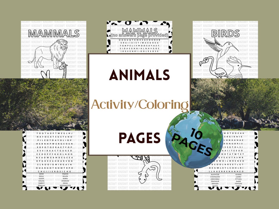 Animals Coloring Pages: Word-search, 10 Pages (printable PDF; Suitable ...