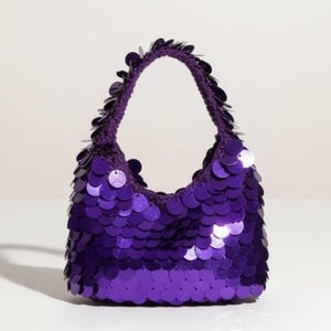 Crochet Purple Sequin Purse, Macrame Beaded Sparkly Bag, Wedding Guest Party Clutch