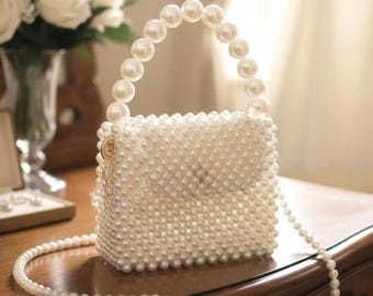 Pearl Beaded Evening Bag, Handmade Ivory Bridal Small Purse, Wedding Clutch Gift For Bride