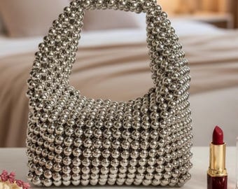 Metallic Silver Beaded Purse, Handmade Fancy Clutch Purse, Night Out Party Bag