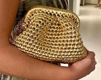 Metallic Gold Crochet Clutch Bag: Luxury Champagne Evening Purse