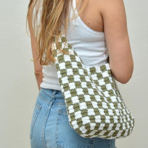 Handmade Checkered Crochet Shoulder Bag, Cotton Yarn Boho Style image 1
