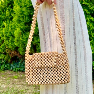 Handmade Rustic Wooden Boho Beaded Shoulder Bag, Sustainable Summer Fashion Style Bead Purse Bag, Yellow Wood Bead Women Bag, Holiday Gifts
