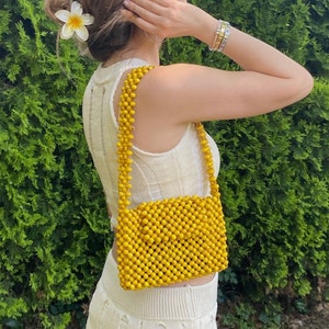 Handmade Rustic Wooden Boho Beaded Shoulder Bag, Sustainable Summer Fashion Style Bead Purse Bag, Yellow Wood Bead Women Bag, Holiday Gifts