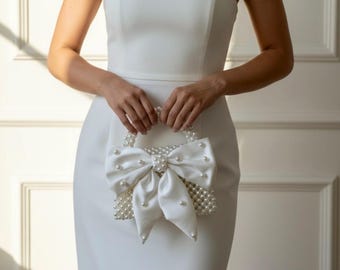Pearl Clutch Bag With Satin Bow, White Bridal Purse, Elegant Evening Handbag