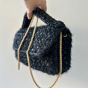 Top Griff Raffia Knoten Schwarze Tasche Und Brieftasche, Crossbody Schulter Sparkly Tasche