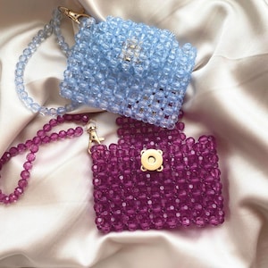 Portefeuille porte-cartes en cristal avec perles, mini pochette élégante en perles pour femme, sac violet fait main, cadeau de demoiselles d'honneur, porte-cartes de visite élégant