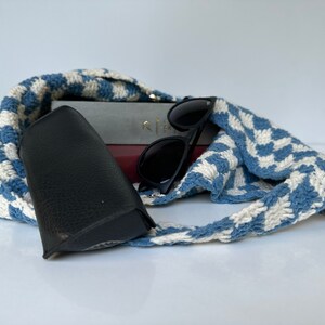 Crochet Checkered Bag, Checkered Tote Bag, Crossbody Knitted Bag, Handmade Crochet Bag, Shoulder Bag, Blue White Checkered, Khaki White Bag