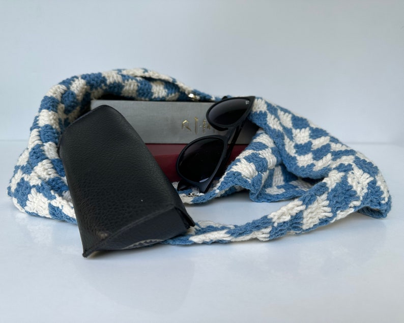 Crochet Checkered Bag, Checkered Tote Bag, Crossbody Knitted Bag, Handmade Crochet Bag, Shoulder Bag, Blue White Checkered, Khaki White Bag