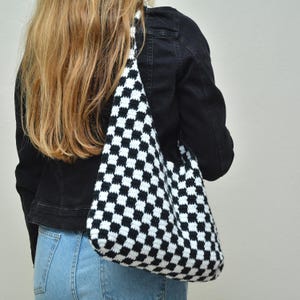 Handmade Crochet Checkered Shoulder Bag, Crochet Fashion Tote Knit Cross Body Bag, Christmas Gifts, Black And White Checkered