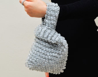 Silver Japanese Knot Bag, Beaded Metallic Gray Mini Tote, Wedding Party Clutch, Unique Mohters Day Gift for Her