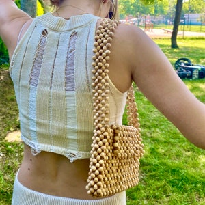 Handmade Rustic Wooden Boho Beaded Shoulder Bag, Sustainable Summer Fashion Style Bead Purse Bag, Yellow Wood Bead Women Bag, Holiday Gifts
