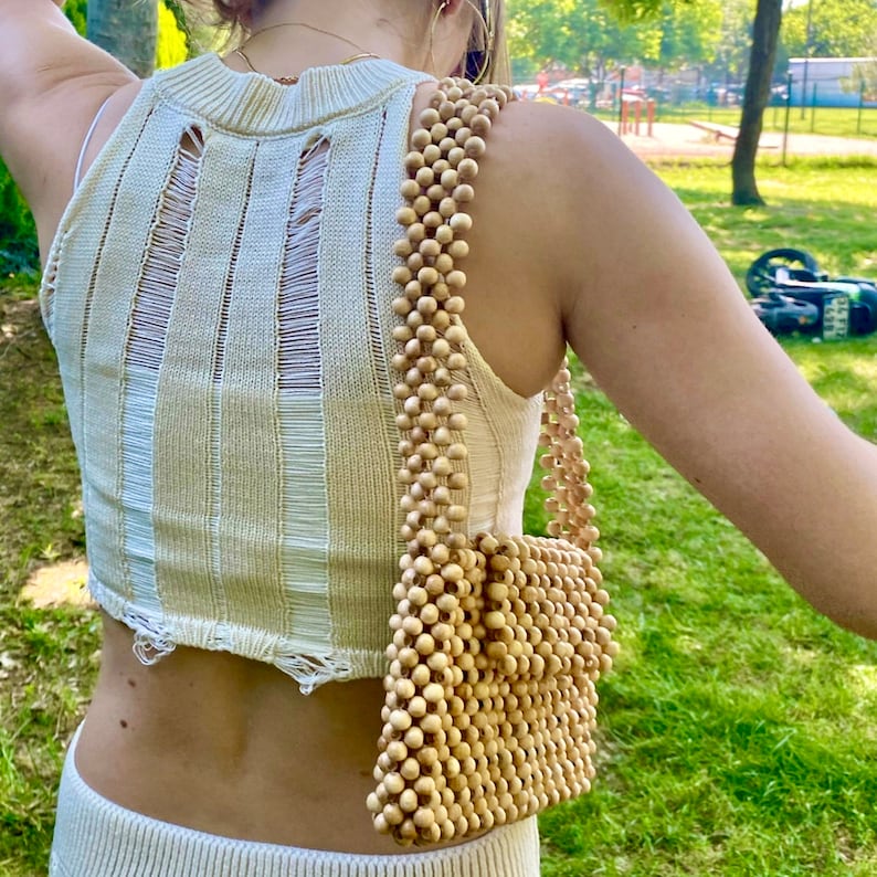 Handmade Rustic Wooden Boho Beaded Shoulder Bag, Sustainable Summer Fashion Style Bead Purse Bag, Yellow Wood Bead Women Bag, Holiday Gifts