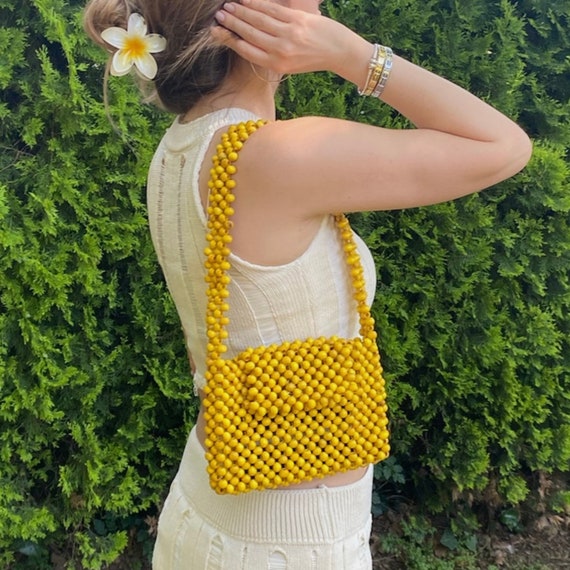 Wooden Beaded Shoulder Bag, Handmade Summer Purses Boho, Beach Bag