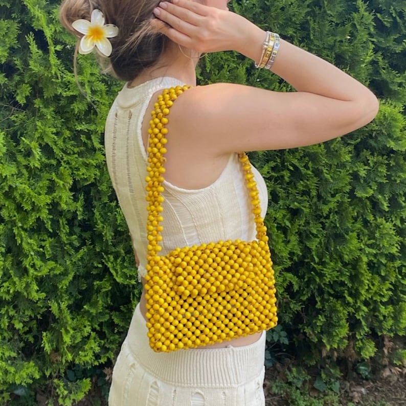 Handmade Rustic Wooden Boho Beaded Shoulder Bag, Sustainable Summer Fashion Style Bead Purse Bag, Yellow Wood Bead Women Bag, Holiday Gifts