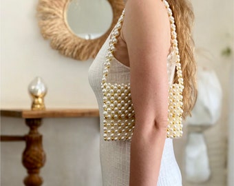Pearl Gold Beaded Shoulder Bag, Handmade Baguette Purse, Bridal Bag