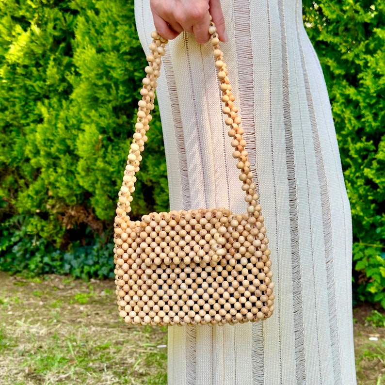 Handmade Rustic Wooden Boho Beaded Shoulder Bag, Sustainable Summer Fashion Style Bead Purse Bag, Yellow Wood Bead Women Bag, Holiday Gifts