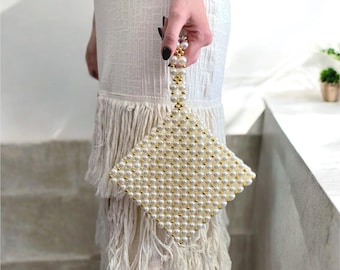 Beaded Bridal Handbag With Gold Accents, Vintage Pearl Clutch Purse, Elegant Wristlet Evening Bag, Wedding Purse Gift For Mom Bride