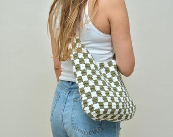 Handmade Checkered Crochet Shoulder Bag, Cotton Yarn Boho Style