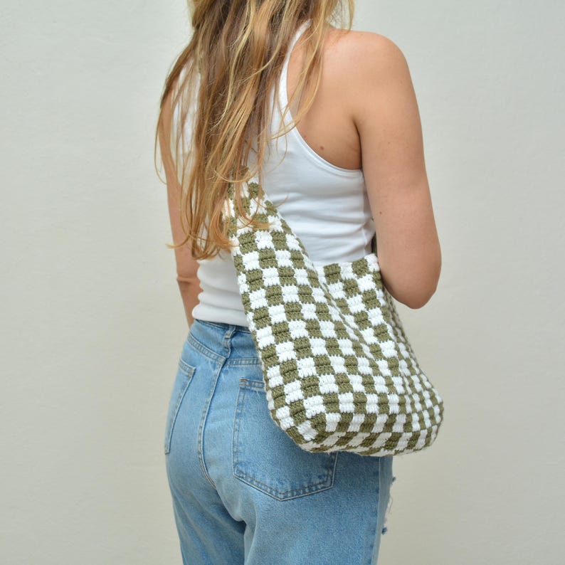 Handmade Checkered Crochet Shoulder Bag, Cotton Yarn Boho Style image 1