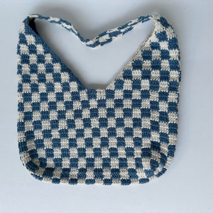 Crochet Checkered Bag, Checkered Tote Bag, Crossbody Knitted Bag, Handmade Crochet Bag, Shoulder Bag, Blue White Checkered, Khaki White Bag