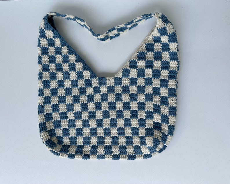 Crochet Checkered Bag, Checkered Tote Bag, Crossbody Knitted Bag, Handmade Crochet Bag, Shoulder Bag, Blue White Checkered, Khaki White Bag