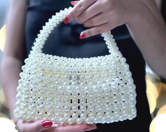 Elegant Pearl Beaded Clutch Bag, Handmade Ivory Bridal Handbag Purse, White Beaded Wedding Purse, Bride To Be Gift, Luxury Bag