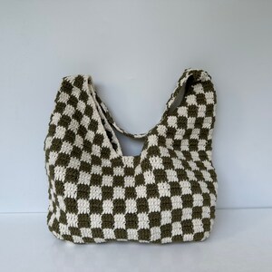 Crochet Checkered Bag, Checkered Tote Bag, Crossbody Knitted Bag, Handmade Crochet Bag, Shoulder Bag, Blue White Checkered, Khaki White Bag