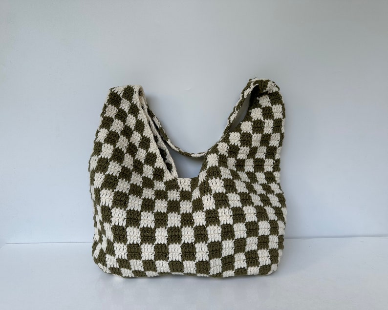 Crochet Checkered Bag, Checkered Tote Bag, Crossbody Knitted Bag, Handmade Crochet Bag, Shoulder Bag, Blue White Checkered, Khaki White Bag