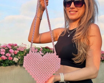 Pink Beaded Heart Bag, Handmade Shoulder Purse, Romantic Accessory