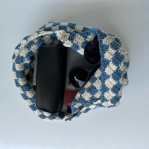 Crochet Checkered Bag, Checkered Tote Bag, Crossbody Knitted Bag, Handmade Crochet Bag, Shoulder Bag, Blue White Checkered, Khaki White Bag